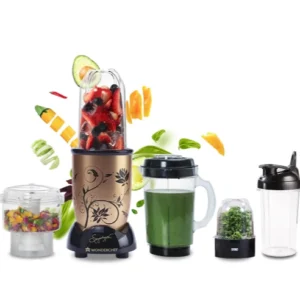 nutri blend juicer, mixer, grinder, smoothie maker & chopper | complete kitchen machine | 22000 rpm blender, chopper, juicer | 500w 100% full copper motor | ss blades | 4 unbreakable jars | 2 years warranty | recipe book by chef sanjeev kapoor | champagne