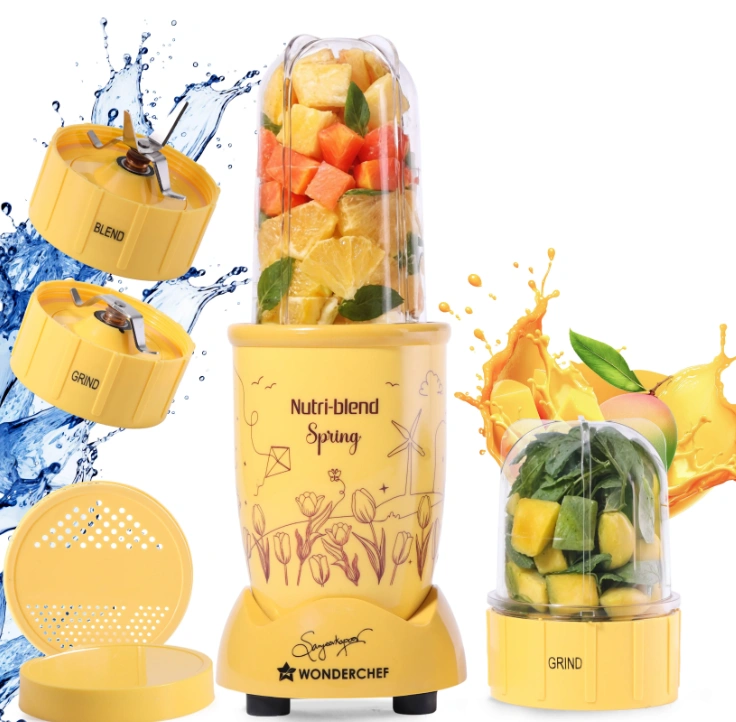 nutri blend spring mixer grinder blender & smoothie maker | 500w | 22000 rpm | 100% copper motor | 2 unbreakable jars | ss blades | 2 year warranty | recipe book by chef sanjeev kapoor | yellow nutri blend spring mixer grinder blender & smoothie maker | 500w | 22000 rpm | 100% copper motor | 2 unbreakable jars | ss blades | 2 year warranty | recipe book by chef sanjeev kapoor | yellow
