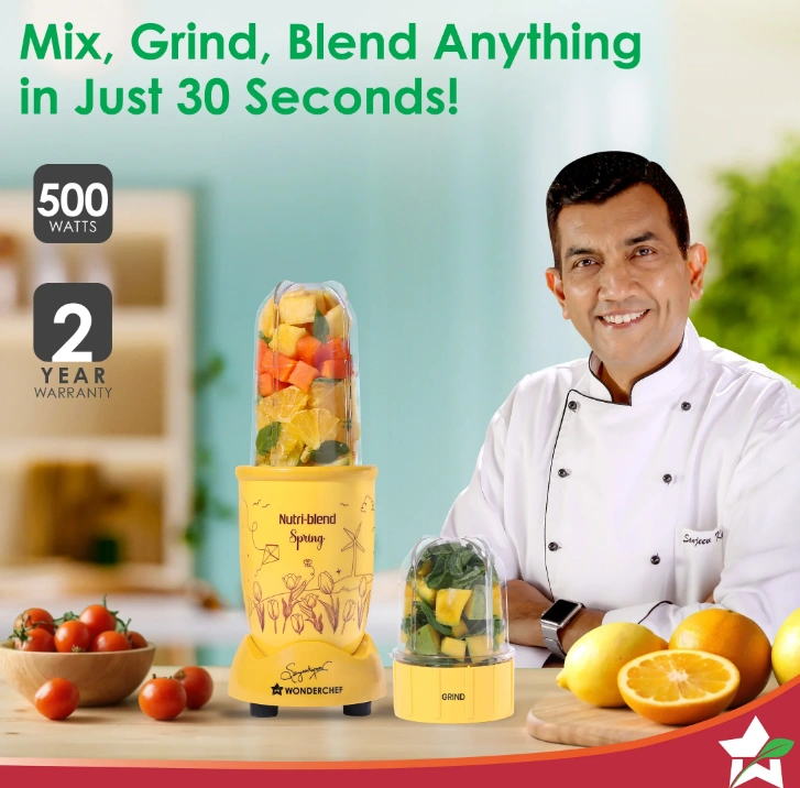 nutri blend spring mixer grinder blender & smoothie maker | 500w | 22000 rpm | 100% copper motor | 2 unbreakable jars | ss blades | 2 year warranty | recipe book by chef sanjeev kapoor | yellow nutri blend spring mixer grinder blender & smoothie maker | 500w | 22000 rpm | 100% copper motor | 2 unbreakable jars | ss blades | 2 year warranty | recipe book by chef sanjeev kapoor | yellow