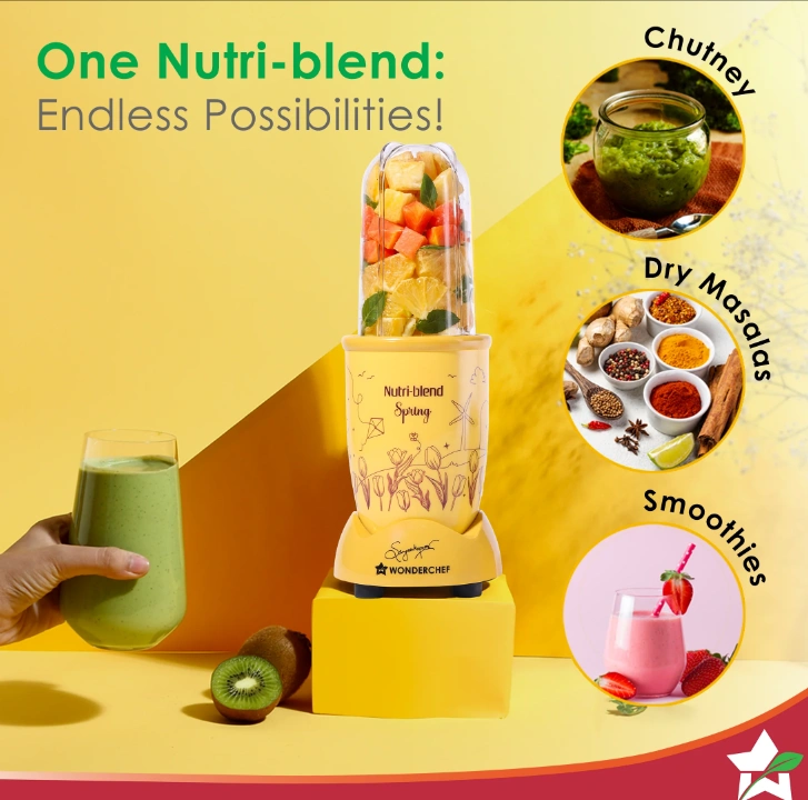 nutri blend spring mixer grinder blender & smoothie maker | 500w | 22000 rpm | 100% copper motor | 2 unbreakable jars | ss blades | 2 year warranty | recipe book by chef sanjeev kapoor | yellow nutri blend spring mixer grinder blender & smoothie maker | 500w | 22000 rpm | 100% copper motor | 2 unbreakable jars | ss blades | 2 year warranty | recipe book by chef sanjeev kapoor | yellow