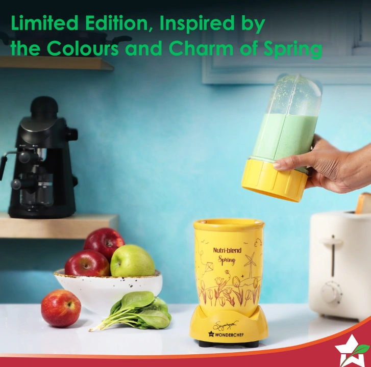 nutri blend spring mixer grinder blender & smoothie maker | 500w | 22000 rpm | 100% copper motor | 2 unbreakable jars | ss blades | 2 year warranty | recipe book by chef sanjeev kapoor | yellow nutri blend spring mixer grinder blender & smoothie maker | 500w | 22000 rpm | 100% copper motor | 2 unbreakable jars | ss blades | 2 year warranty | recipe book by chef sanjeev kapoor | yellow