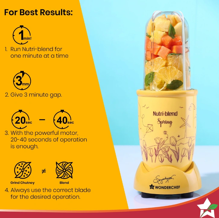 nutri blend spring mixer grinder blender & smoothie maker | 500w | 22000 rpm | 100% copper motor | 2 unbreakable jars | ss blades | 2 year warranty | recipe book by chef sanjeev kapoor | yellow nutri blend spring mixer grinder blender & smoothie maker | 500w | 22000 rpm | 100% copper motor | 2 unbreakable jars | ss blades | 2 year warranty | recipe book by chef sanjeev kapoor | yellow