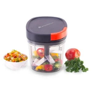glory string vegetable chopper with 6 sharp ss blade, anti slip silicon base ring, air tight lid, 900ml, 1 year warranty