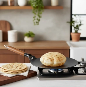 ferro light weight cast iron roti tawa | 26cm | pre seasoned with 100% vegetable oil | 40% lighter than regular cast iron cookware | cool touch real acacia wood handles | 10 year warranty