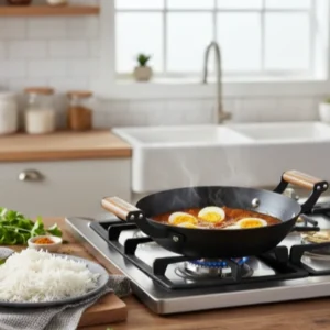 ferro light weight cast iron kadhai | 20cm | pre seasoned with 100% vegetable oil | 40% lighter than regular cast iron cookware | cool touch real acacia wood handles | 10 year warranty