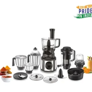 prestige 1000 watts endura pro mixer grinder with 6 jars and food processor attachments| sturdy stainless steel body| ball bearing pure copper motor| see through lids| black and silver