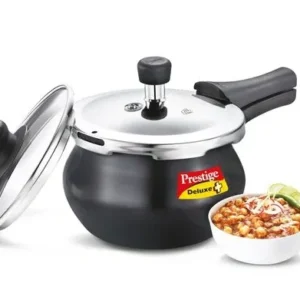 prestige deluxe duo plus hard anodised gas and induction compatible pressure handi with glass lid, 2 l (black)