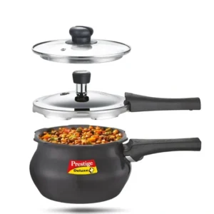 prestige deluxe duo plus hard anodised pressure cooker with 1 glass lid and 1 stainless steel lid, 3 l (black)