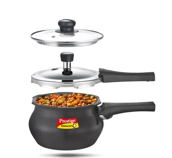 prestige deluxe duo plus hard anodised pressure cooker with 1 glass lid and 1 stainless steel lid, 3 l (black) prestige deluxe duo plus hard anodised pressure cooker with 1 glass lid and 1 stainless steel lid, 3 l (black)