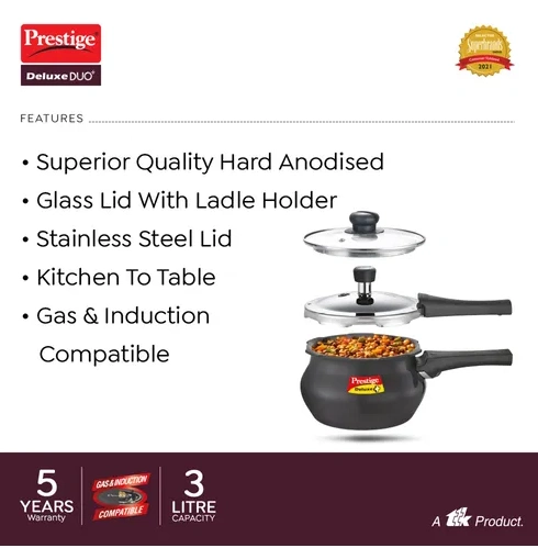 prestige deluxe duo plus hard anodised pressure cooker with 1 glass lid and 1 stainless steel lid, 3 l (black) prestige deluxe duo plus hard anodised pressure cooker with 1 glass lid and 1 stainless steel lid, 3 l (black)