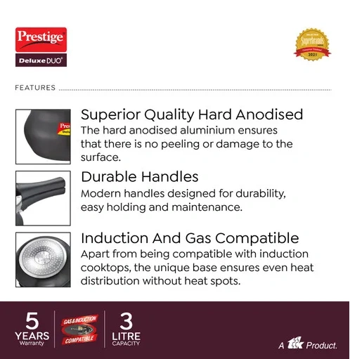 prestige deluxe duo plus hard anodised pressure cooker with 1 glass lid and 1 stainless steel lid, 3 l (black) prestige deluxe duo plus hard anodised pressure cooker with 1 glass lid and 1 stainless steel lid, 3 l (black)