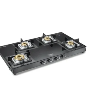 prestige vectra 4 burner glasstop gas stove|superior toughened glass|jumbo brass burner|3 way gas inlet|360 degree revolving nozzle|10 years warranty on glass|black