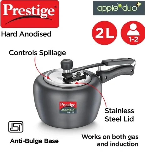 prestige apple duo plus hard anodised pressure cooker 2l (black) | spillage control | durable & elegant design prestige apple duo plus hard anodised pressure cooker 2l (black) | spillage control | durable & elegant design