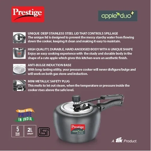 prestige apple duo plus hard anodised pressure cooker 2l (black) | spillage control | durable & elegant design prestige apple duo plus hard anodised pressure cooker 2l (black) | spillage control | durable & elegant design