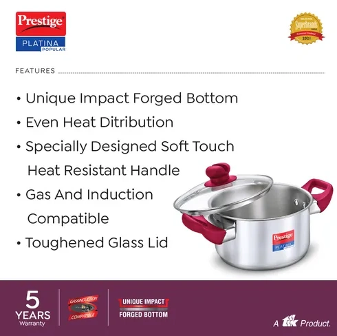prestige platina popular stainless steel casserole 2l (18cm, silver) | impact forged bottom | glass lid | durable & elegant cookware prestige platina popular stainless steel casserole 2l (18cm, silver) | impact forged bottom | glass lid | durable & elegant cookware