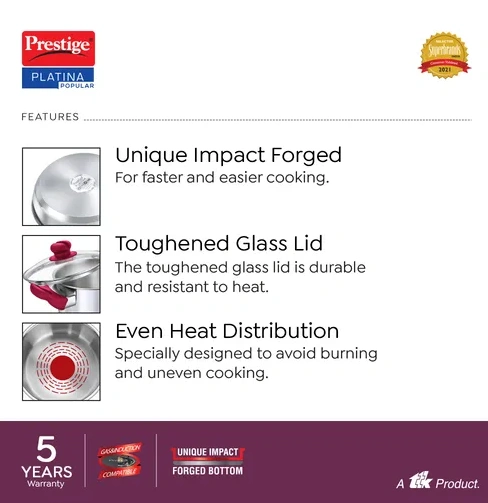 prestige platina popular stainless steel casserole 2l (18cm, silver) | impact forged bottom | glass lid | durable & elegant cookware prestige platina popular stainless steel casserole 2l (18cm, silver) | impact forged bottom | glass lid | durable & elegant cookware