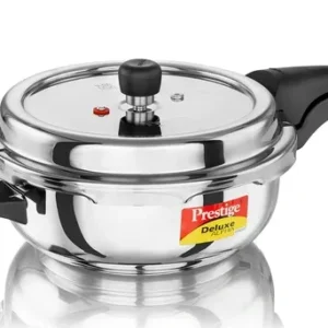prestige deluxe alpha svachh stainless steel pressure cooker 4l (silver) | deep lid spillage control | gas & induction compatible