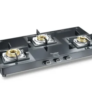 prestige vectra 3 burner glass top gas stove (black) | toughened glass | jumbo brass burner | 3 way inlet | 10 year glass warranty
