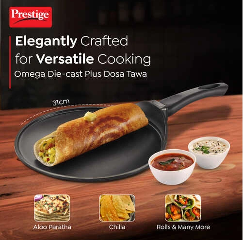 prestige omega die cast plus non stick tawa 31cm | heavy aluminium base | 3 layer coating | metal spoon friendly | gas & induction compatible prestige omega die cast plus non stick tawa 31cm | heavy aluminium base | 3 layer coating | metal spoon friendly | gas & induction compatible