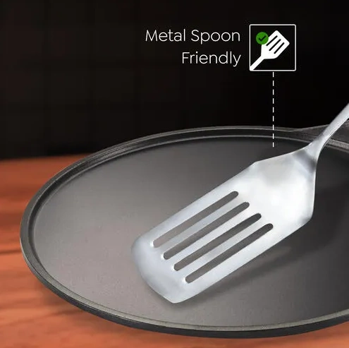 prestige omega die cast plus non stick tawa 31cm | heavy aluminium base | 3 layer coating | metal spoon friendly | gas & induction compatible prestige omega die cast plus non stick tawa 31cm | heavy aluminium base | 3 layer coating | metal spoon friendly | gas & induction compatible