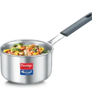 prestige 10cm/400ml tri ply stainless steel cute sauce pan|gas & induction compatible| even heat distribution|perma cool handles|thick gauge|life time warranty