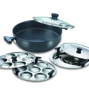 prestige hard anodised induction base multi kadai with glass lid (dhokla plate, patra plate, idli plates), 28cm (black)