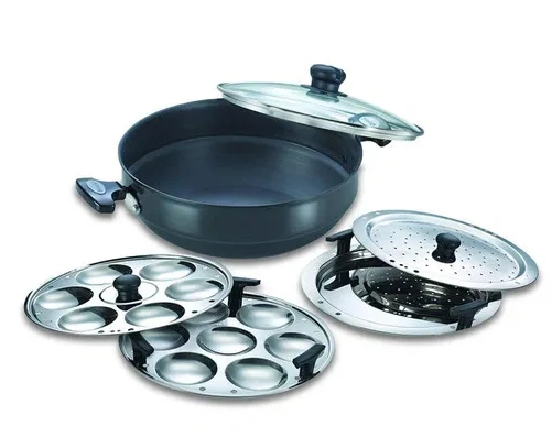 prestige hard anodised induction base multi kadai with glass lid (dhokla plate, patra plate, idli plates), 28cm (black) prestige hard anodised induction base multi kadai with glass lid (dhokla plate, patra plate, idli plates), 28cm (black)
