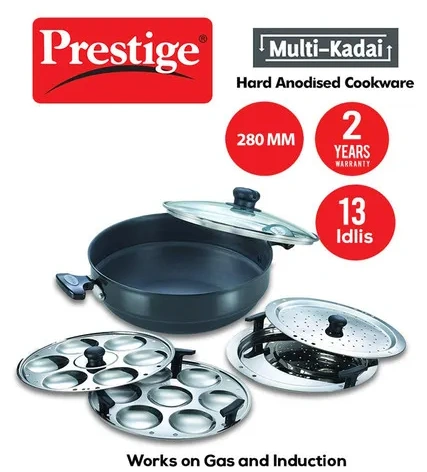 prestige hard anodised induction base multi kadai with glass lid (dhokla plate, patra plate, idli plates), 28cm (black) prestige hard anodised induction base multi kadai with glass lid (dhokla plate, patra plate, idli plates), 28cm (black)