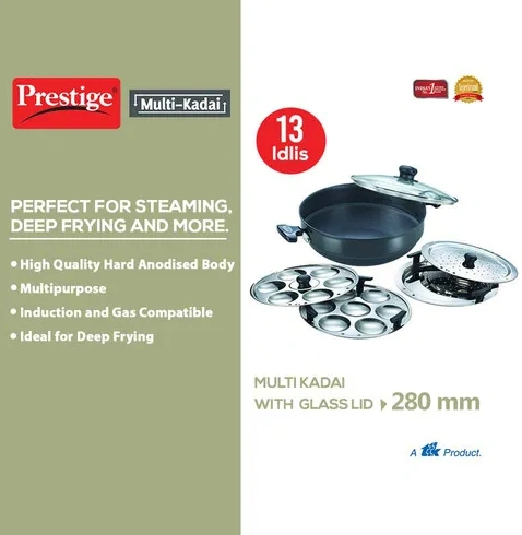 prestige hard anodised induction base multi kadai with glass lid (dhokla plate, patra plate, idli plates), 28cm (black) prestige hard anodised induction base multi kadai with glass lid (dhokla plate, patra plate, idli plates), 28cm (black)