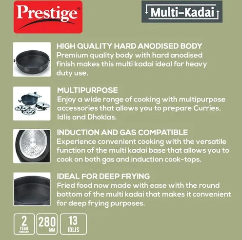 prestige hard anodised induction base multi kadai with glass lid (dhokla plate, patra plate, idli plates), 28cm (black) prestige hard anodised induction base multi kadai with glass lid (dhokla plate, patra plate, idli plates), 28cm (black)