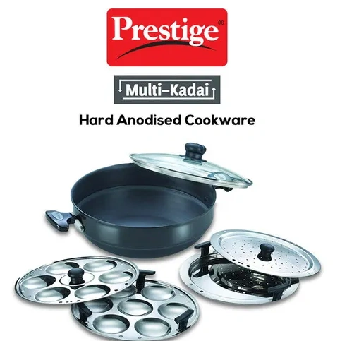 prestige hard anodised induction base multi kadai with glass lid (dhokla plate, patra plate, idli plates), 28cm (black) prestige hard anodised induction base multi kadai with glass lid (dhokla plate, patra plate, idli plates), 28cm (black)