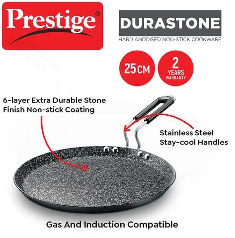 prestige durastone 6 layer non stick omni tawa 25cm (black) | hard anodised | gas & induction compatible | metal spoon friendly prestige durastone 6 layer non stick omni tawa 25cm (black) | hard anodised | gas & induction compatible | metal spoon friendly