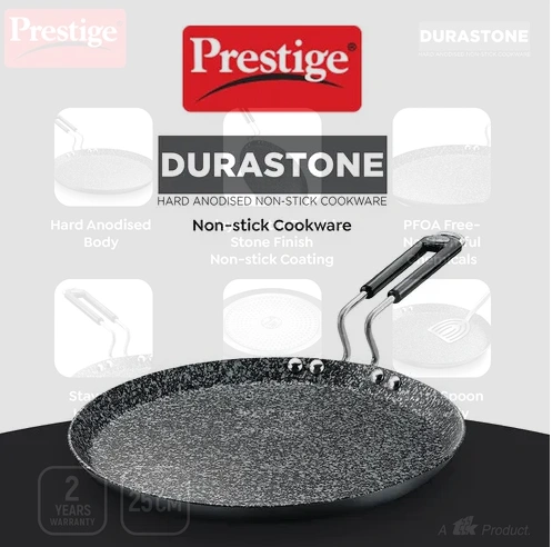 prestige durastone 6 layer non stick omni tawa 25cm (black) | hard anodised | gas & induction compatible | metal spoon friendly prestige durastone 6 layer non stick omni tawa 25cm (black) | hard anodised | gas & induction compatible | metal spoon friendly