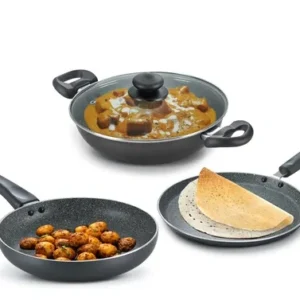 prestige omega deluxe granite 3 piece non stick cookware set | fry pan 24cm, omni tawa 28cm, kadai 24cm with lid | aluminium, black