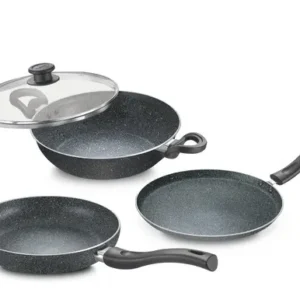 prestige svachh granite non stick 3 piece cookware set | omni tawa 28cm, kadai 24cm with lid, fry pan 24cm | gas & induction compatible